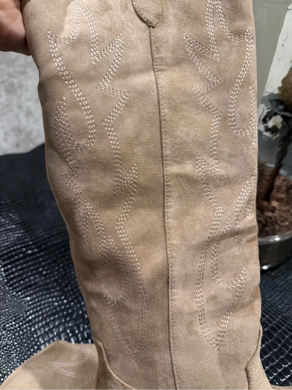 Knee Suede Western Boots in Beige